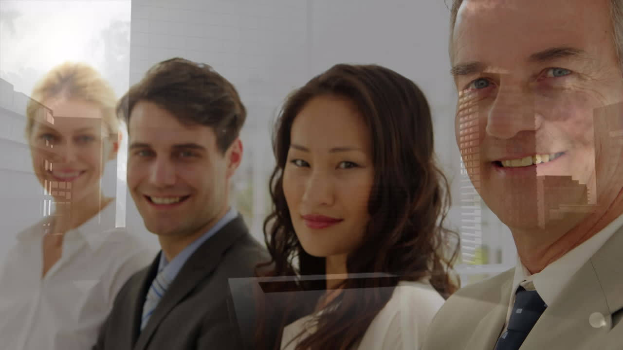 사무실에 있는 다양한 사업가들에 대한 도시 풍경의 애니메이션