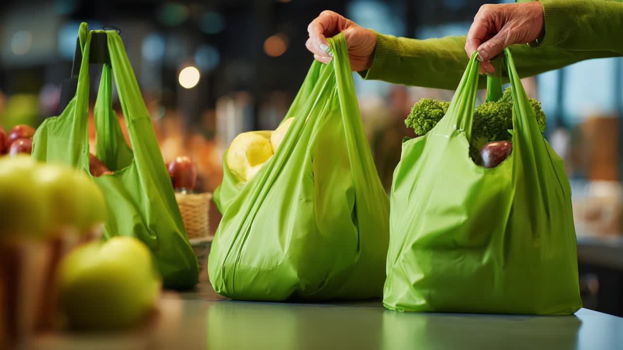 A Close-Up View of Colorful Green Reusable Grocery Bags Filled with Fresh Fruits and Vegetables, Showcasing Sustainable Shopping Practices in a Modern Market Environment