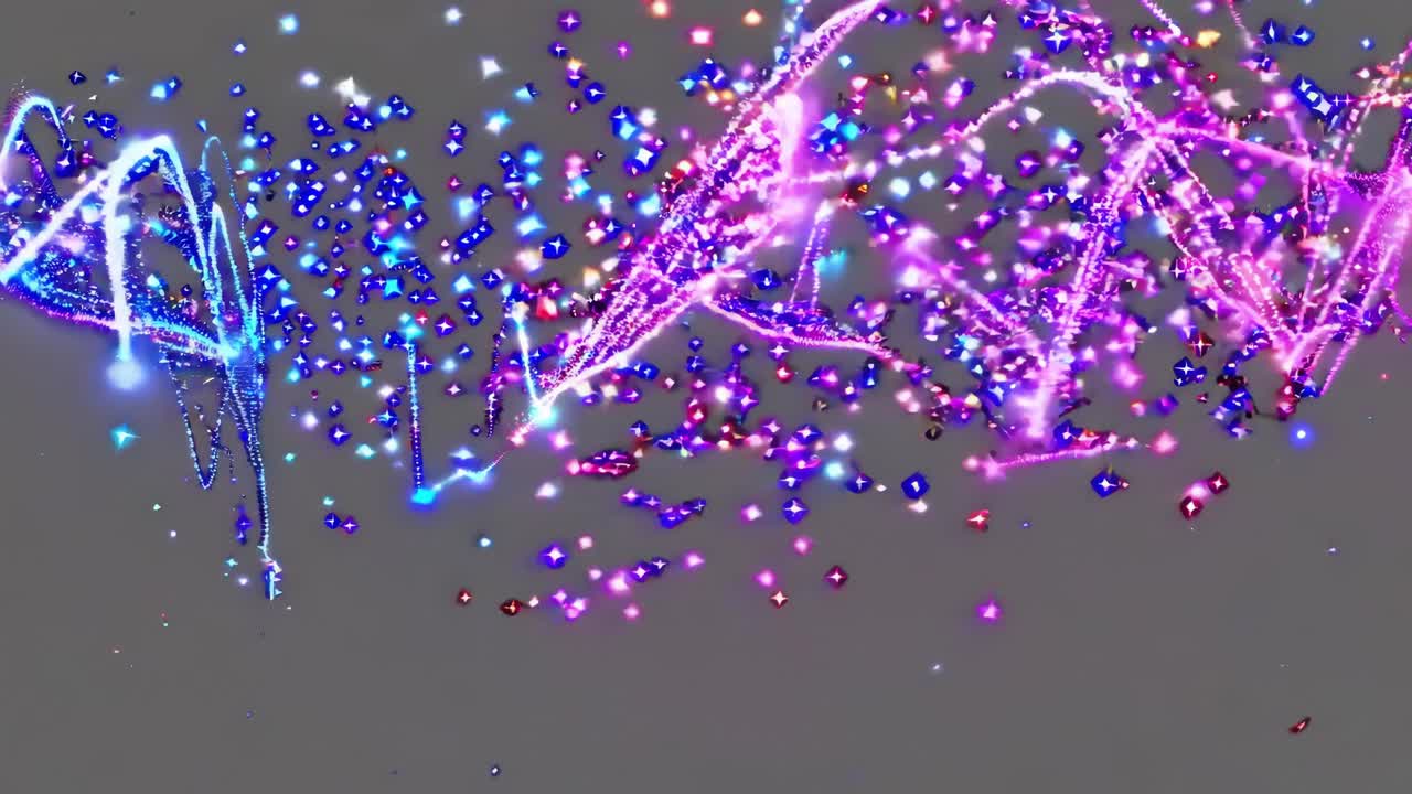 회색 배경에서 춤추고 반이는 활기찬 입자, 다채로운 트레일과 빛나는 움직임으로 역동적인 에너지를 생성하여 매혹적인 시각적 추상 애니메이션을 만니다.