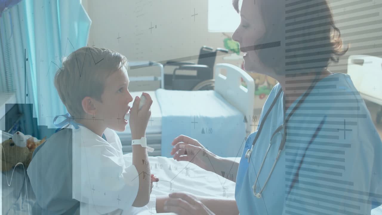 Paziente bambino che usa un inalatore in una stanza d'ospedale, con grafico sanitario animato e diagramma polmonare.