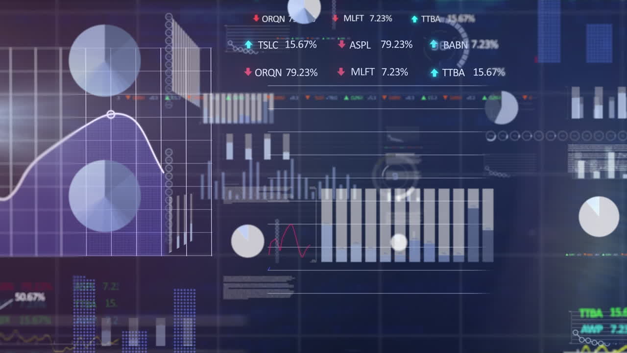 Animation of statistical and stock market data processing over grid network against blue background