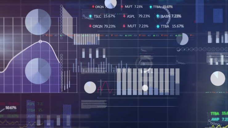 Animation of statistical and stock market data processing over grid network against blue background