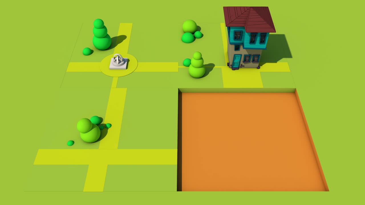 3d-рендеринг идеальной петли движения графической мультфильма движущейся головоломки с домом и деревьями