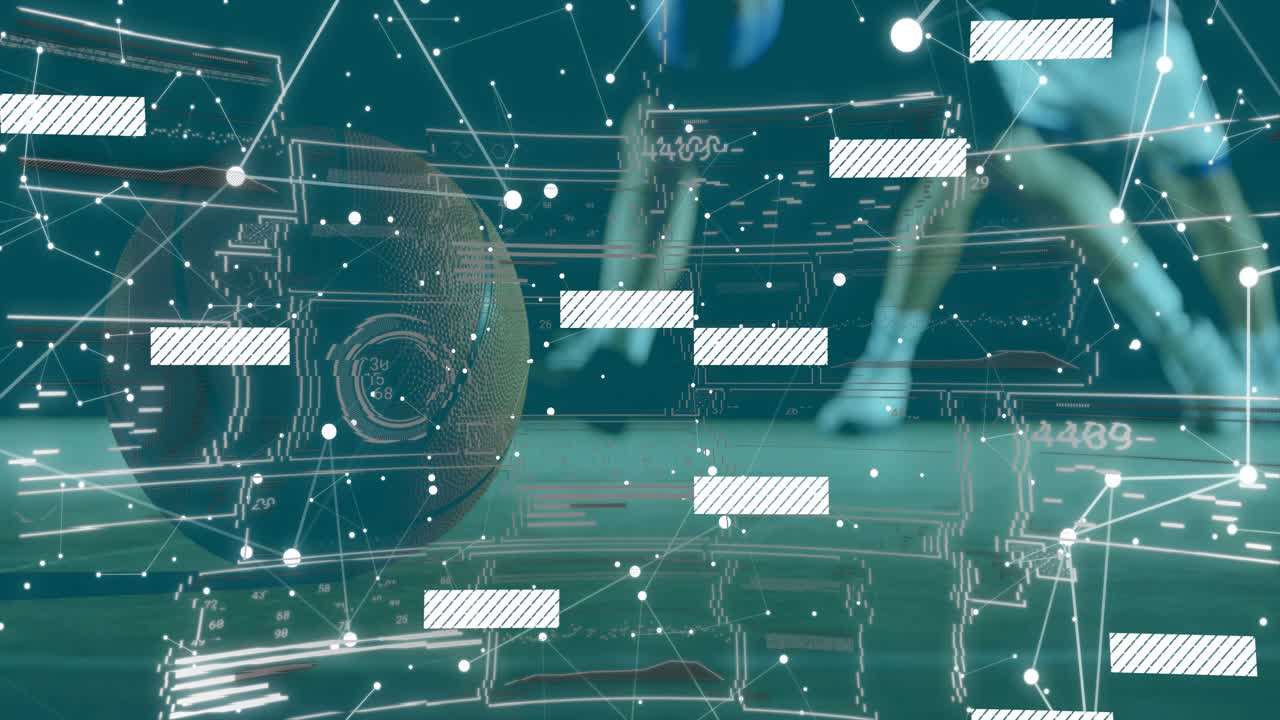 Male player stepping forward and nudging soccer ball on pitch, HUD nodes showing analytics metrics