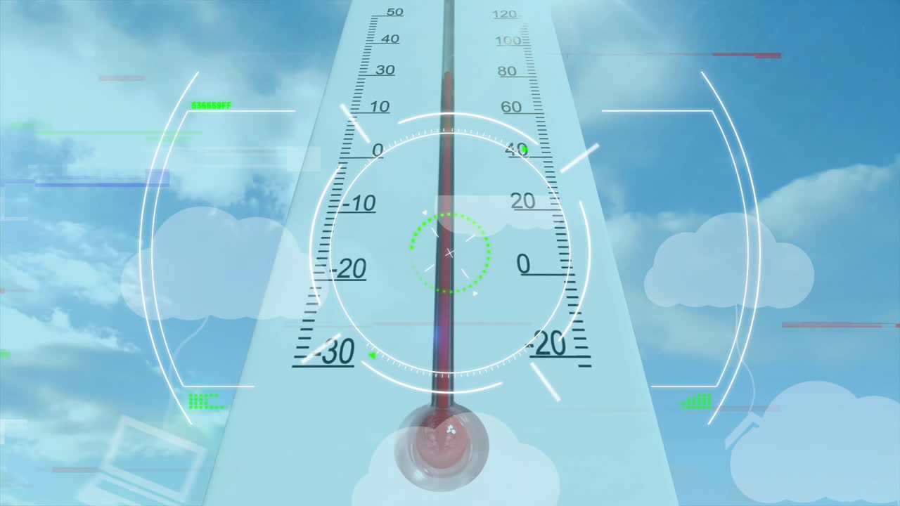 Animation of thermometer and digital interface against cloudy sky background