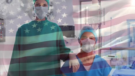 Animation-of-flag-of-usa-waving-over-surgeons-in-face-masks