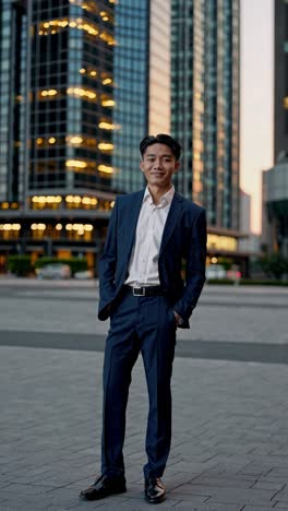 young asian entrepreneur in a blue suit and white shirt stands confidently with hands in pockets in front of illuminated office towers at sunset