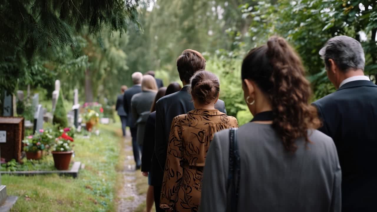 People walk solemnly through a green cemetery path. They wear dark clothing, heads bowed, shoulders tense. Trees loom over the path, casting soft, muted light. Graves line either side