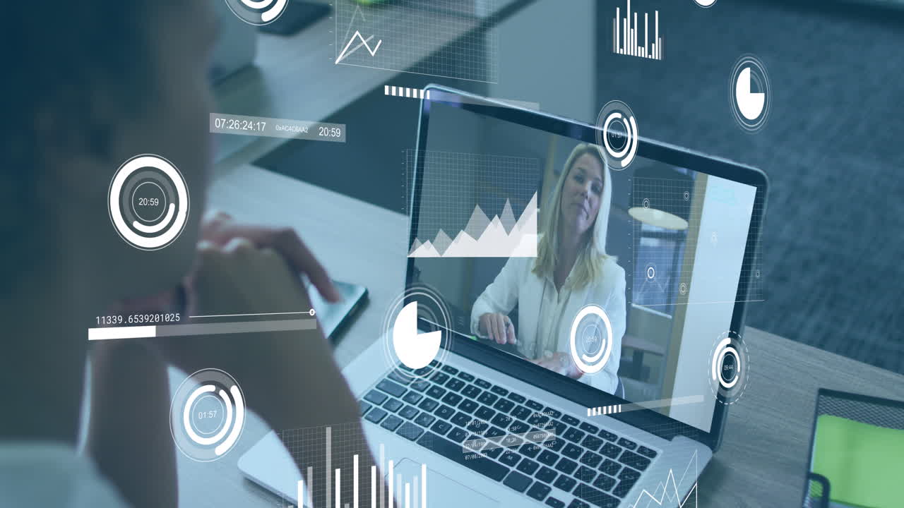 Animation of multiple graphs over diverse female coworkers discussing reports on video call