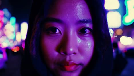 a close-up portrait of a woman in a hood looking at the camera at night in the city.