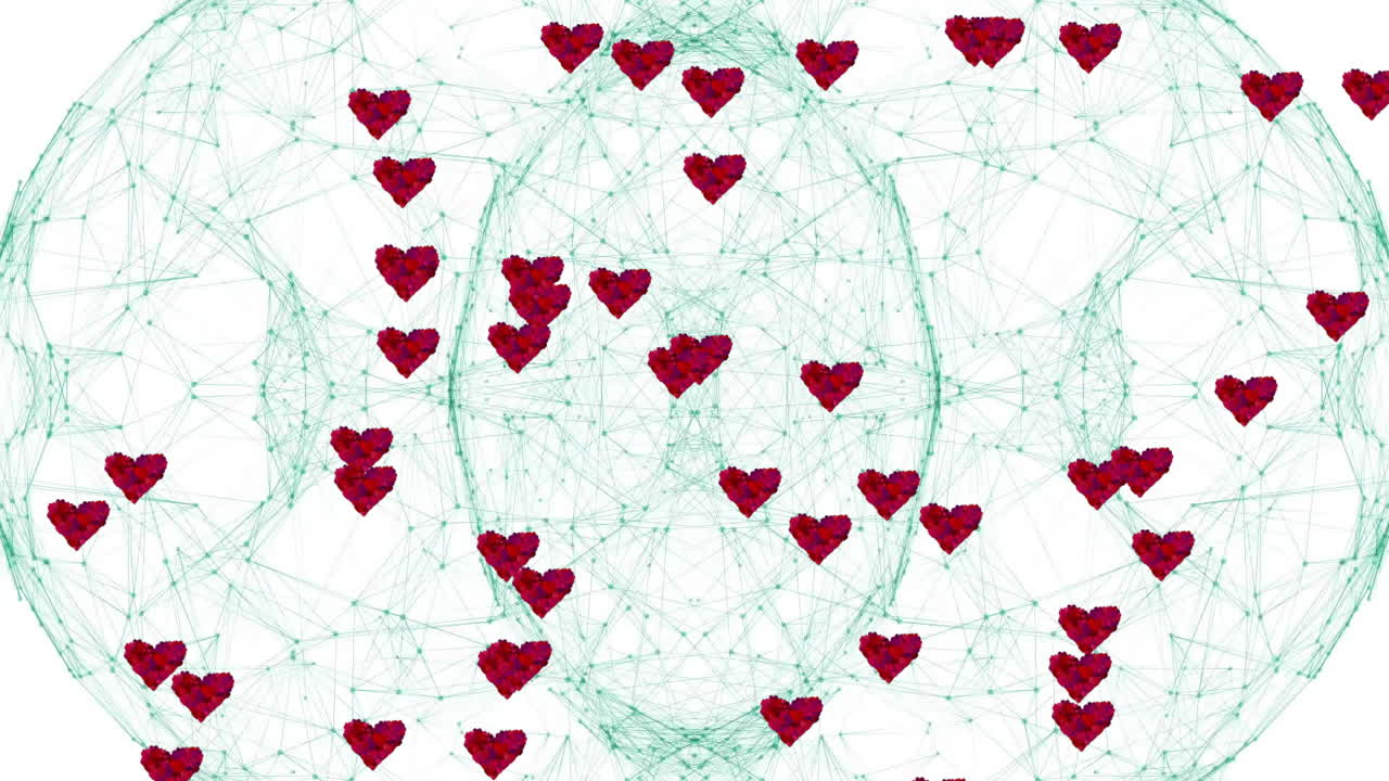 Floating red hearts with animation over geometric sphere on white background