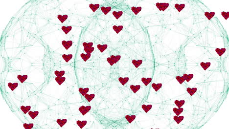 floating red hearts with animation over geometric sphere on white background