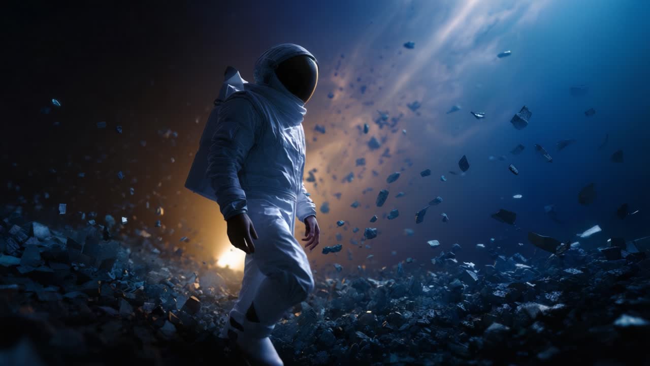 An astronaut navigates through a surreal cosmic environment filled with floating debris, illuminated by vibrant hues of blue and orange light in the vastness of space