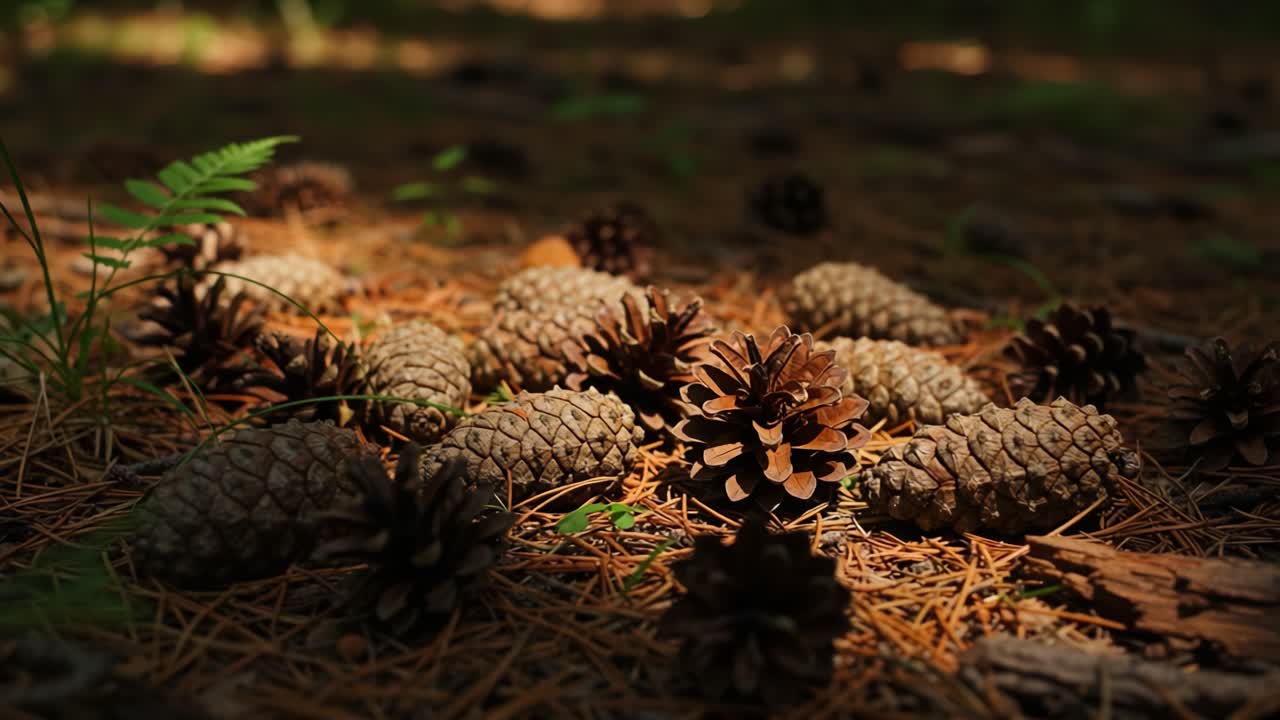 A Tranquil Forest Floor Capturing the Beauty of Pine Cones in Soft Light, Surrounded by Lush Greenery and Natural Textures