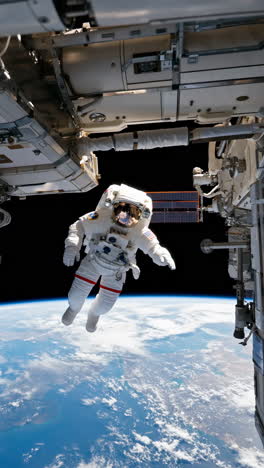 astronaut floats above earth near international space station