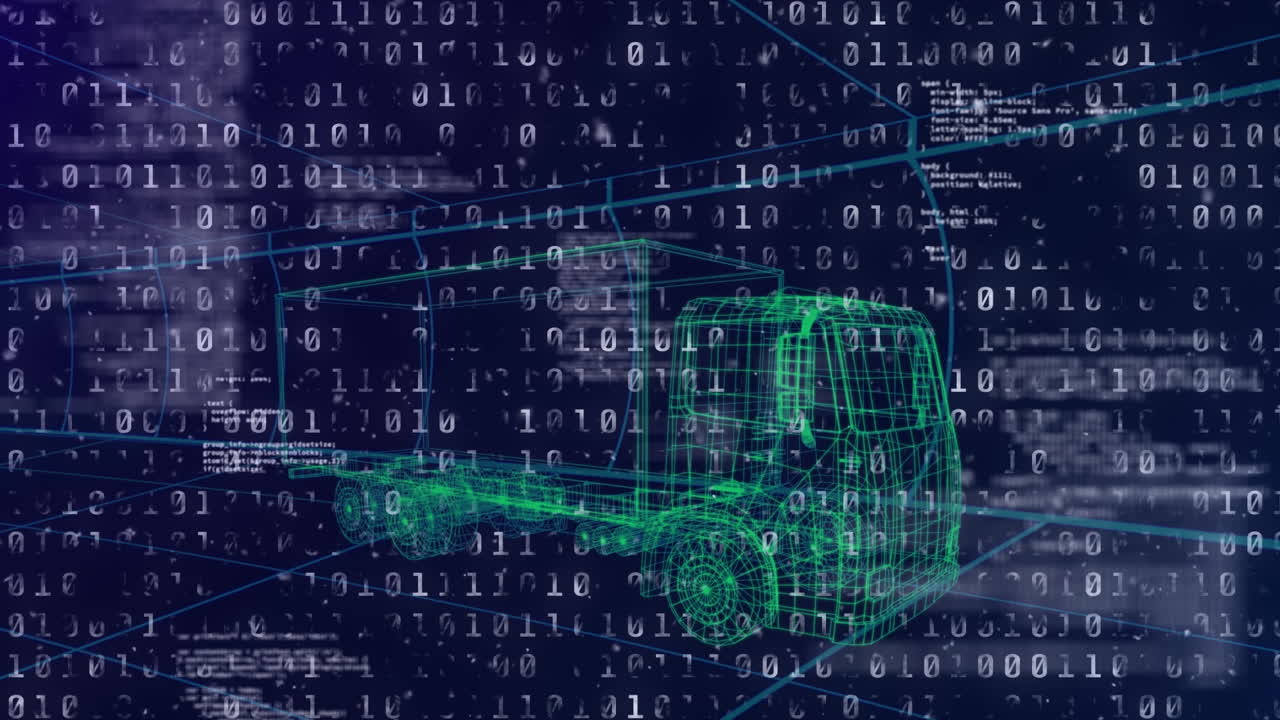 Animation af binær kodning og databehandling over 3D-tegning af lastbil