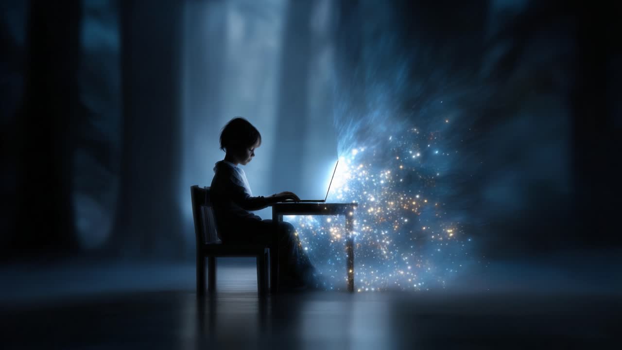 A Dreamy Scene of a Child Using a Laptop in a Mystical Forest, Surrounded by Twinkling Stars and Enchanted Lights Sparkling from the Screen