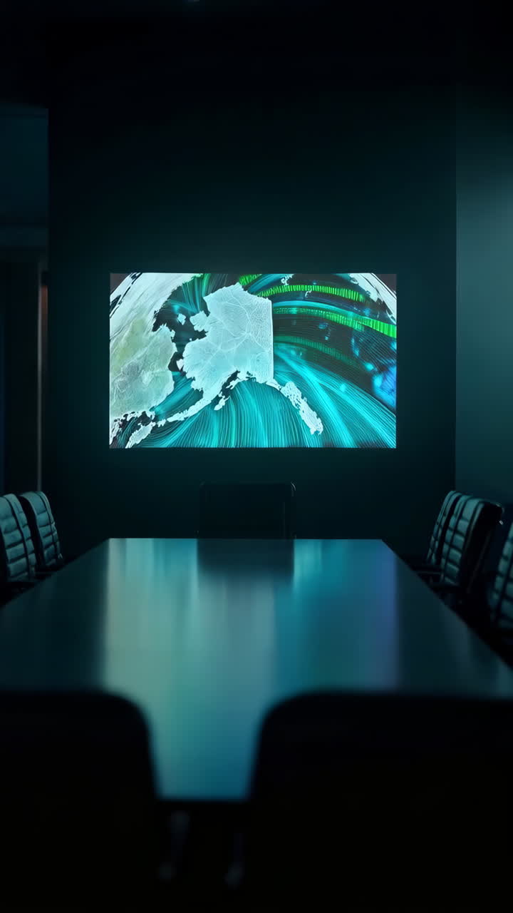 Futuristic Conference Room with Global Data Visualization on Screen