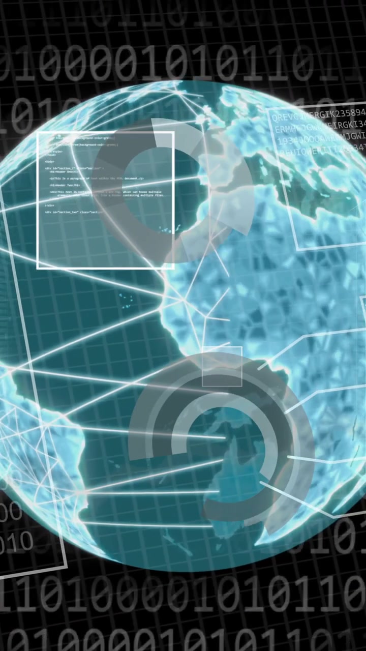 Animation of binary coding, digital data processing over globe