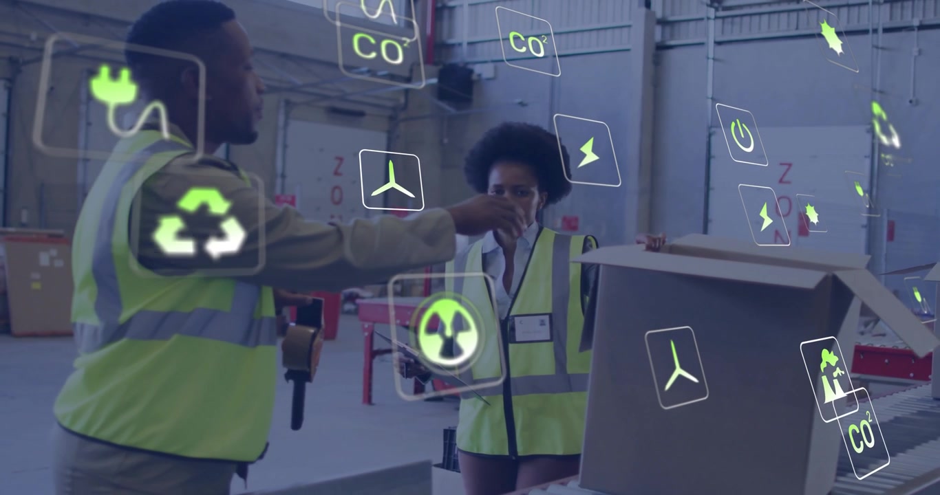 Warehouse team inspecting flaps and scanning box while monitoring sustainability icons via tablet