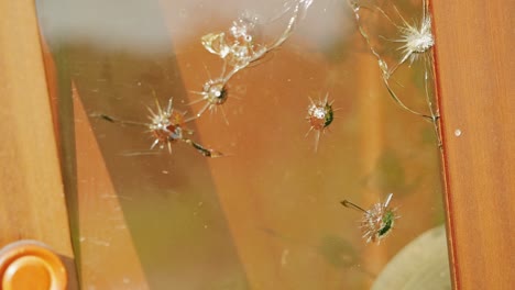 bullet impact cracks radiate outward through transparent surface in daylight