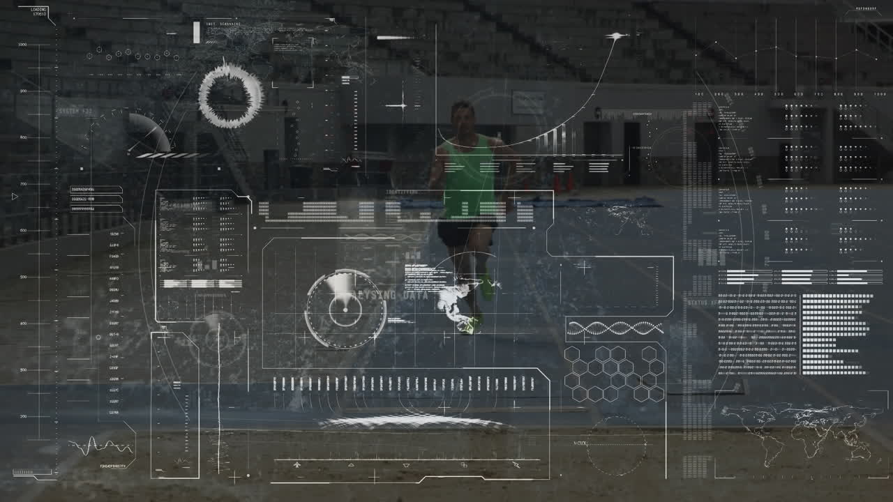 Animation of data processing over caucasian male runner