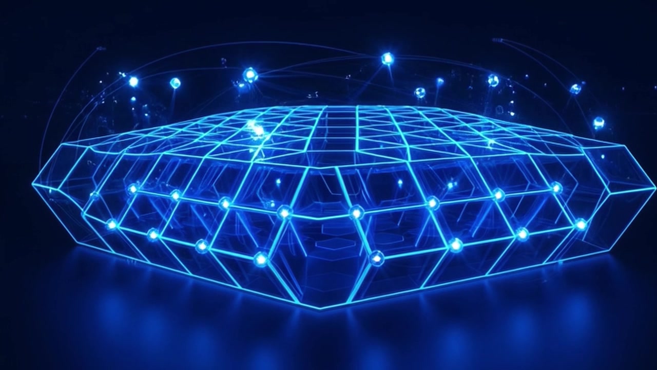 Abstract Digital Grid Structure with Glowing Blue Particles