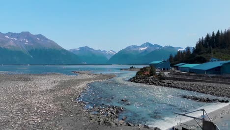4k drone video of solomon gulch salmon fish hatchery in valdez, alaska during summer day