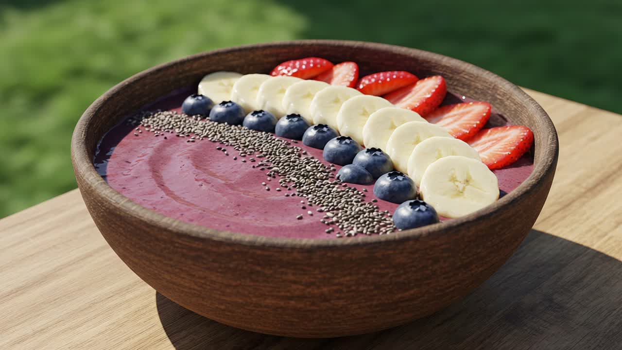 Una colorata e salutare bowl di smoothie con banana, fragole, mirtilli e semi di chia, perfetta per una colazione nutriente o come snack in un ambiente vivace