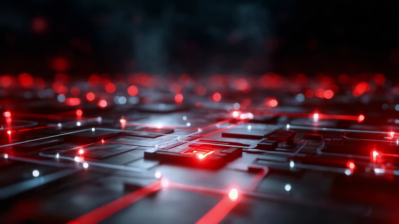 A Dynamic Digital Landscape Featuring Interconnected Lines and Glowing Nodes in Red and Blue, Exemplifying the Complexity and Depth of a Futuristic Electronic Circuit System