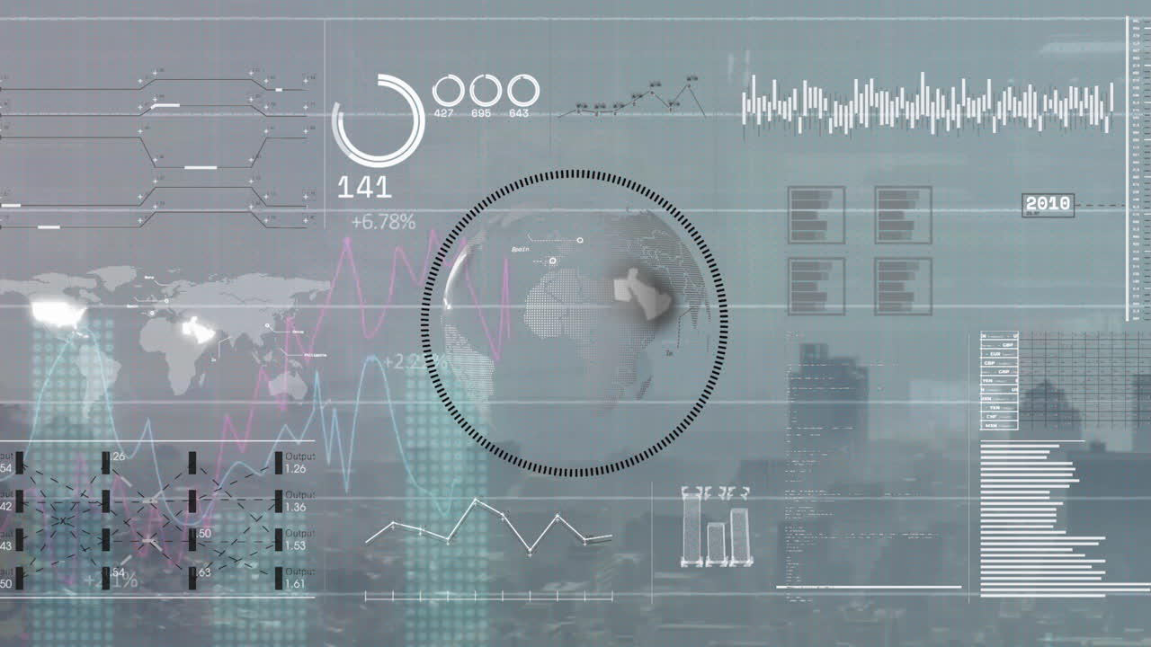 animación de diagramas, globo terrestre y procesamiento de datos sobre el paisaje urbano