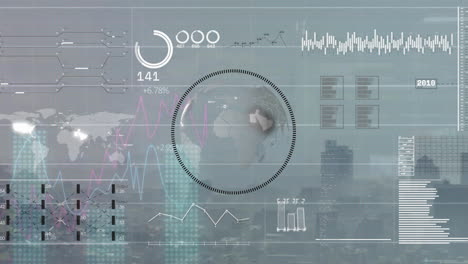 animation of diagrams, globe and data processing over cityscape