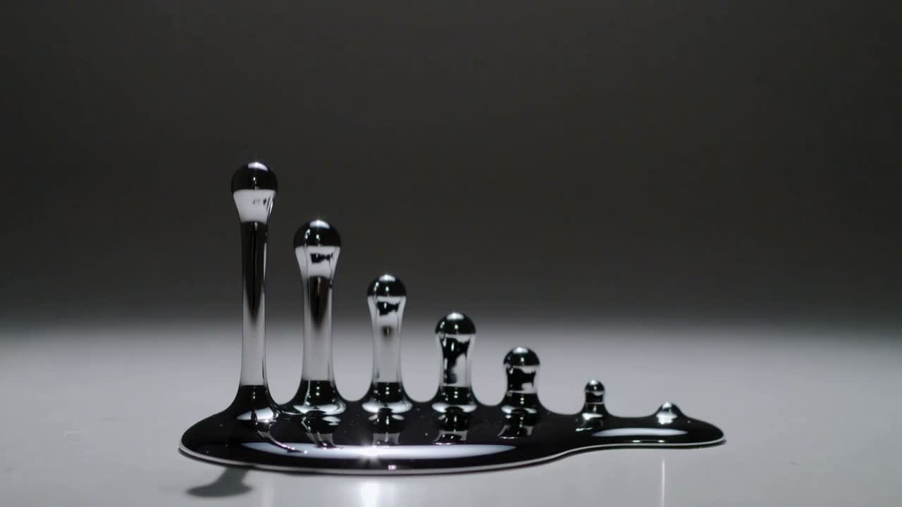 Reacting to pulse, metallic puddle forming rising jets and collapsing on studio table with droplets