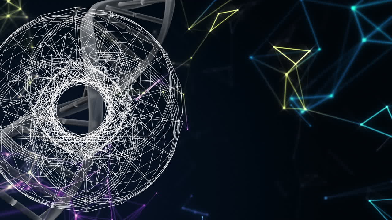 animación de redes de conexiones y cadenas de adn sobre fondo negro
