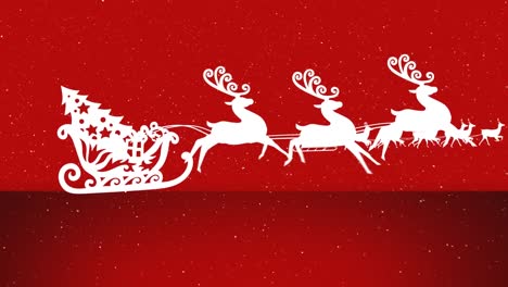 animation of santa sleighs and snow falling on red background