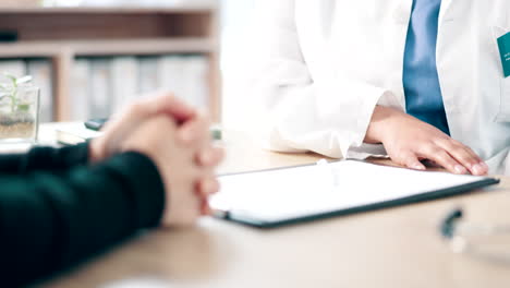 cancer, support and hands of doctor with patient