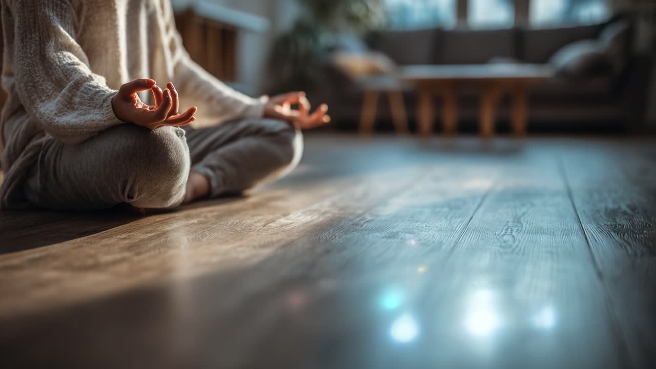 Una pratica di meditazione tranquilla a casa: abbracciare la mindfulness e la pace interiore attraverso l'immobilità e la riflessione in un ambiente accogliente del soggiorno.