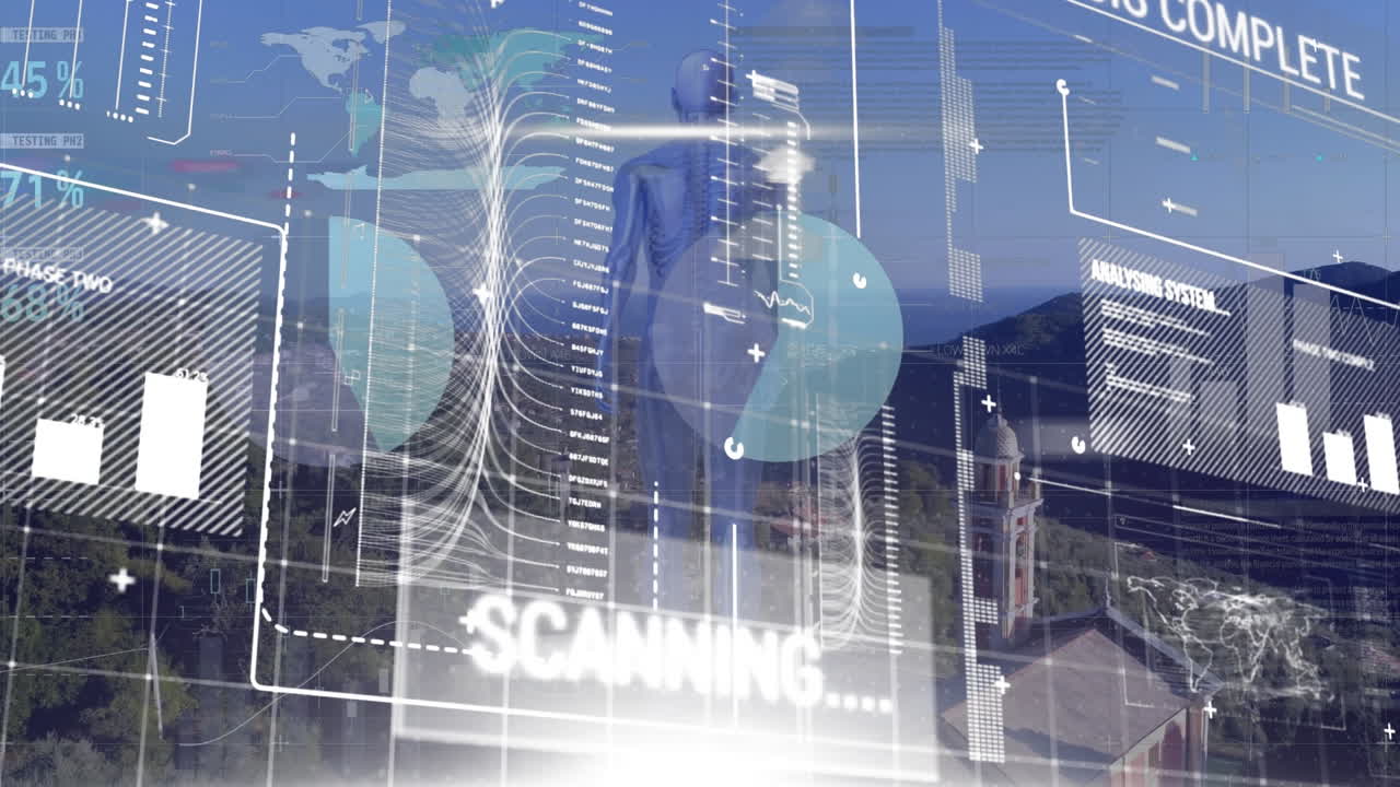 디지털 스크린의 애니메이션은 다양한 데이터와 인간 실루과 도시 풍경에 대한 그래프를 제공합니다.