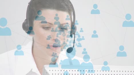 Animation-of-networks-of-connections-with-icons-over-businesswoman-using-phone-headsets