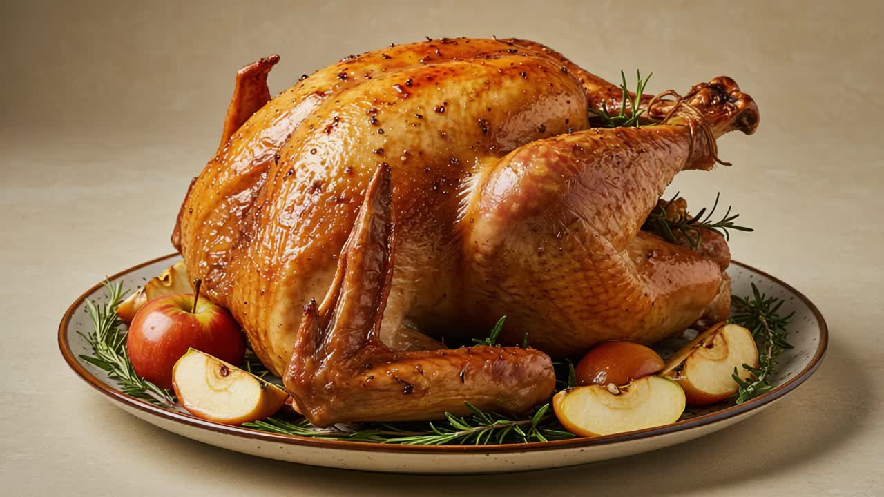 Un Pavo Dorado Perfectamente Asado, Adornado con Romero Fresco y Manzanas, Listo para un Banquete Festivo