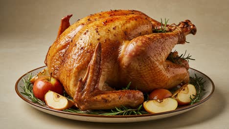 a perfectly roasted golden-brown turkey garnished with fresh rosemary and apples, ready for a holiday feast