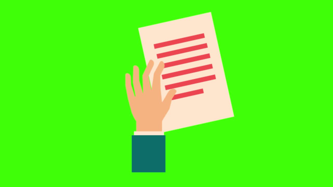 Colorful simple animation of a human hand holding a document isolated on a green screen in 4K