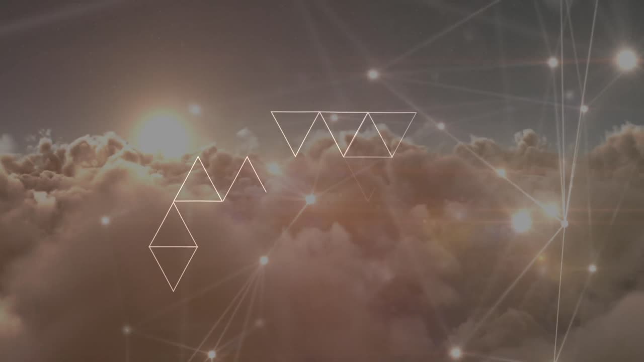 Animation of shapes and spots with connections over clouds