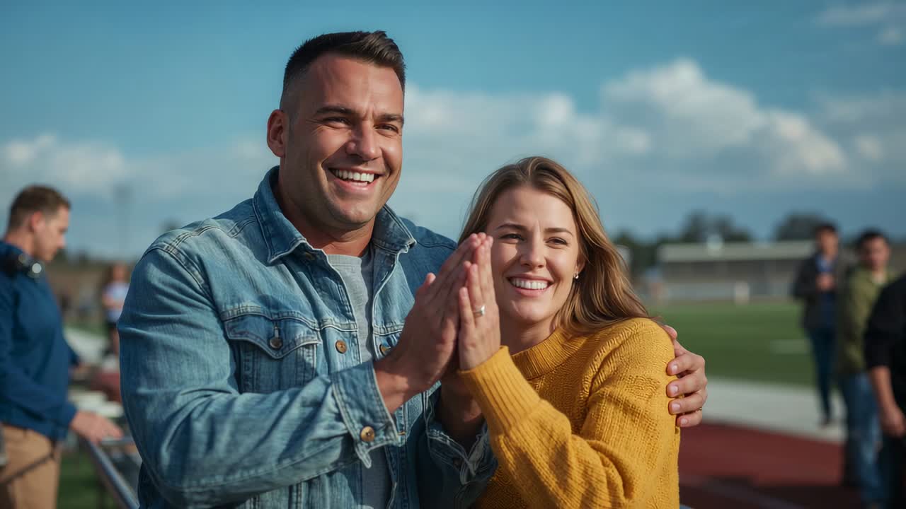 Clapping couple wearing denim jacket and mustard sweater cheering after runner finishing at track