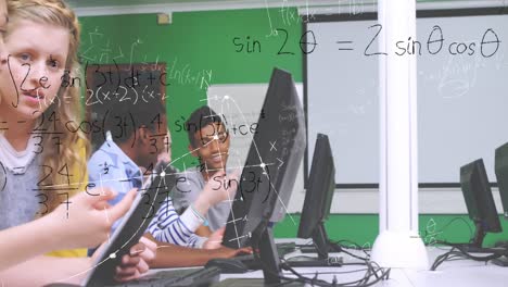 students using computers and mathematical equations with figures