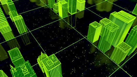 neon green wireframe cityscape