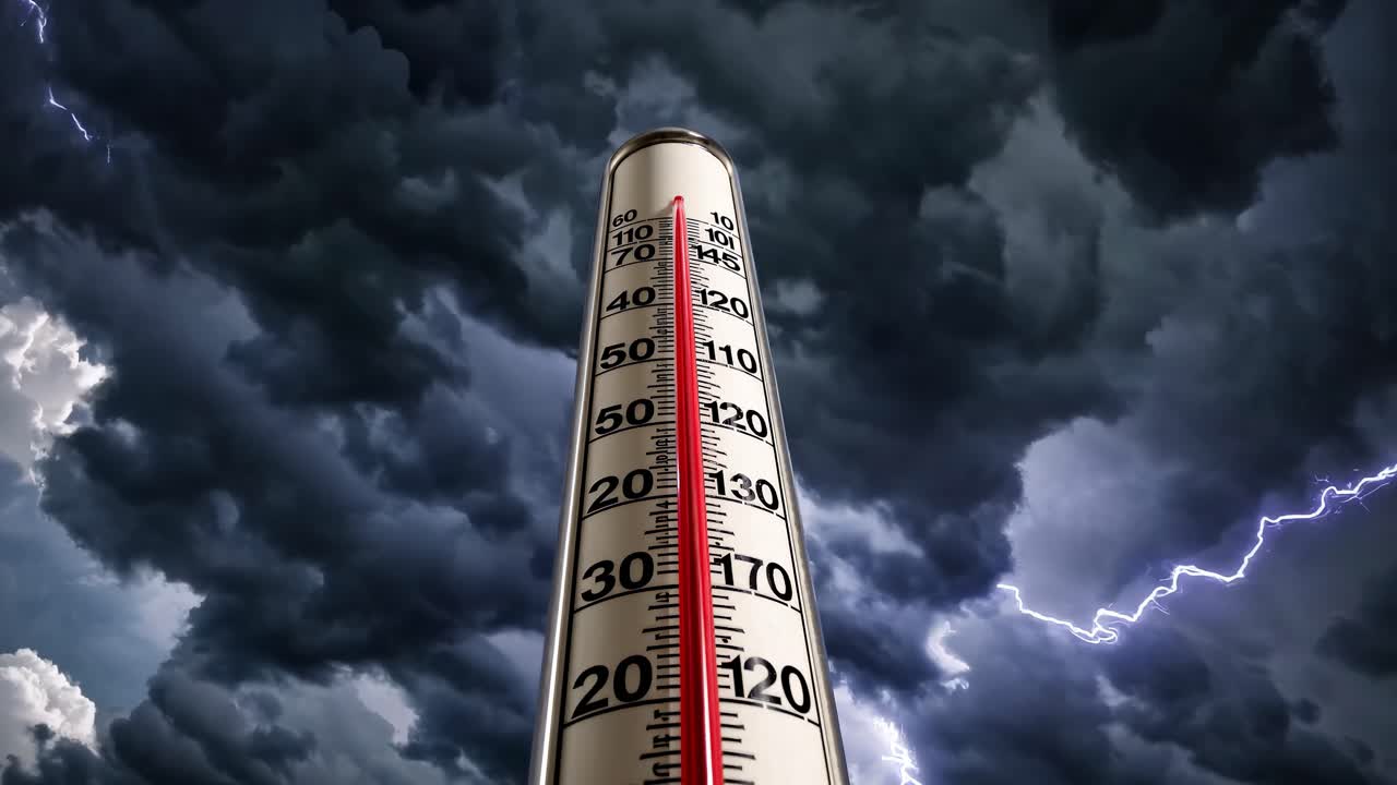 Dramatic low-angle shot of a thermometer against stormy clouds, emphasizing climate change