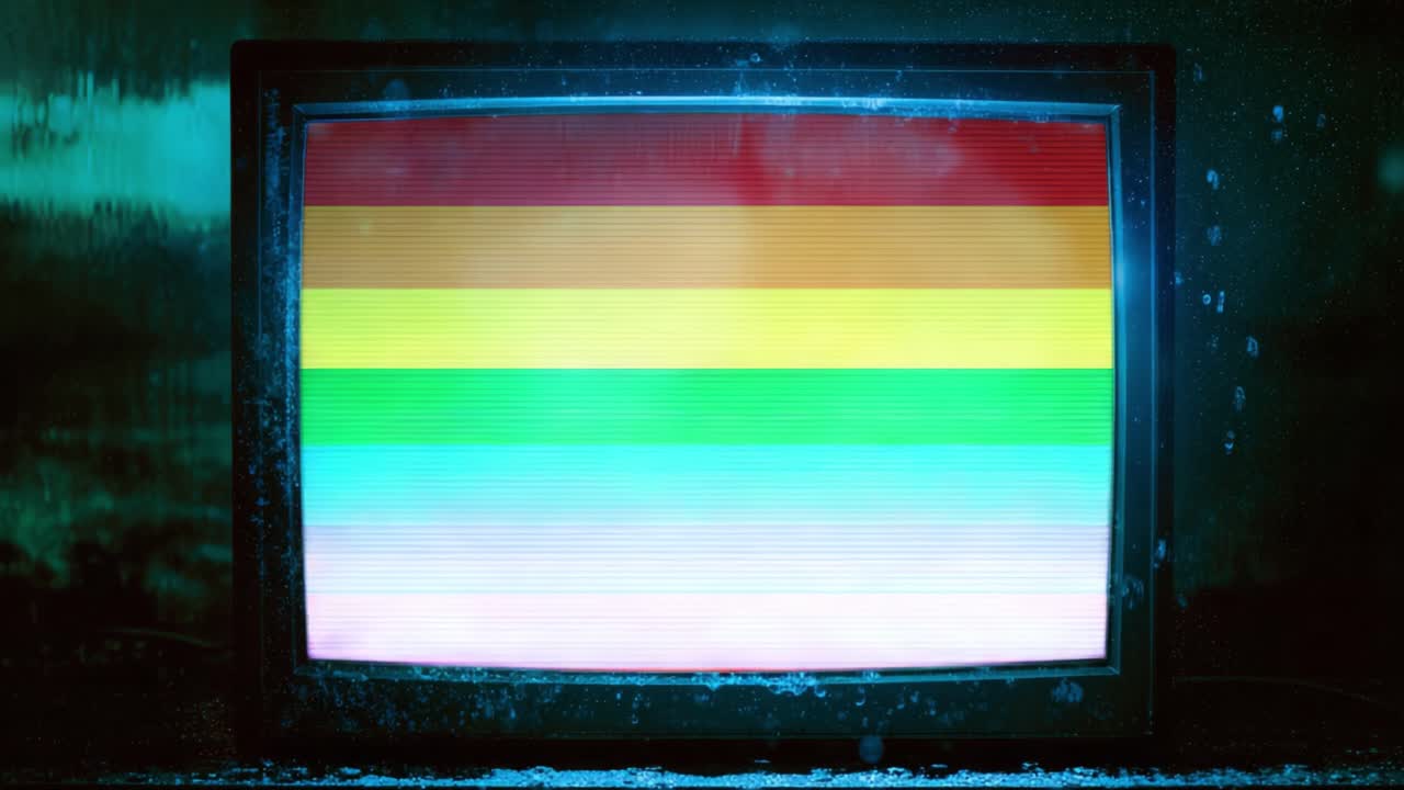 Una transición de colores: de imágenes distorsionadas a una vibrante franja arcoíris en un televisor antiguo rodeado de niebla atmosférica y efectos de luz.