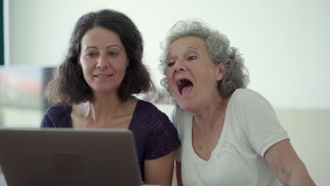 dos mujeres felices haciendo una videollamada a través de una computadora portátil.