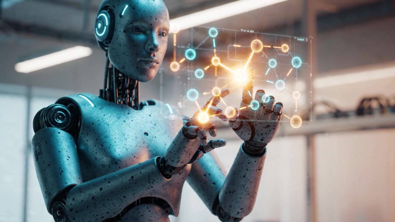 A Futuristic Robot Stands in a High-Tech Environment, Analyzing Data and Interacting with Complex Algorithms for Enhanced Artificial Intelligence Capabilities